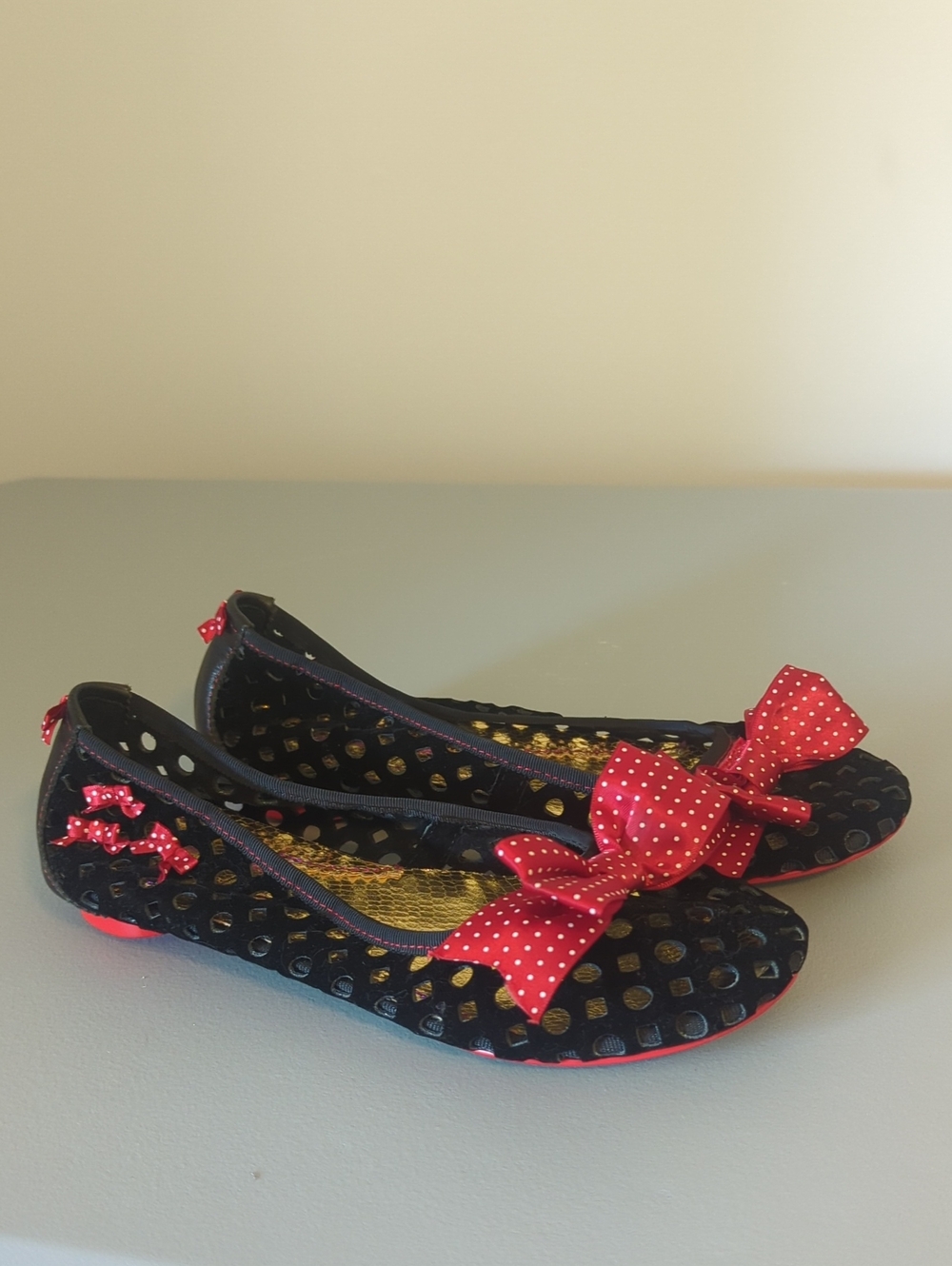 Irregular Choice Mutiny black Velvet Cutout Ballet Flats, Red Polka Dot Bows,